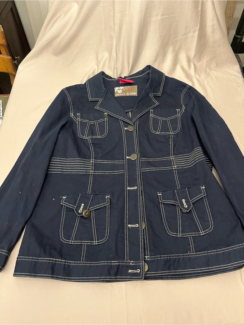Women's Navy Contrast-Stitch Jean Jacket with Patch Pockets